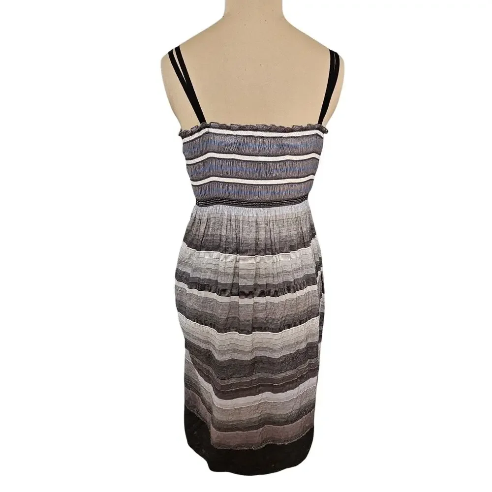 Max Studio Dress Womens Small Striped Boho Smocked Midi Black Gray Beach Coastal